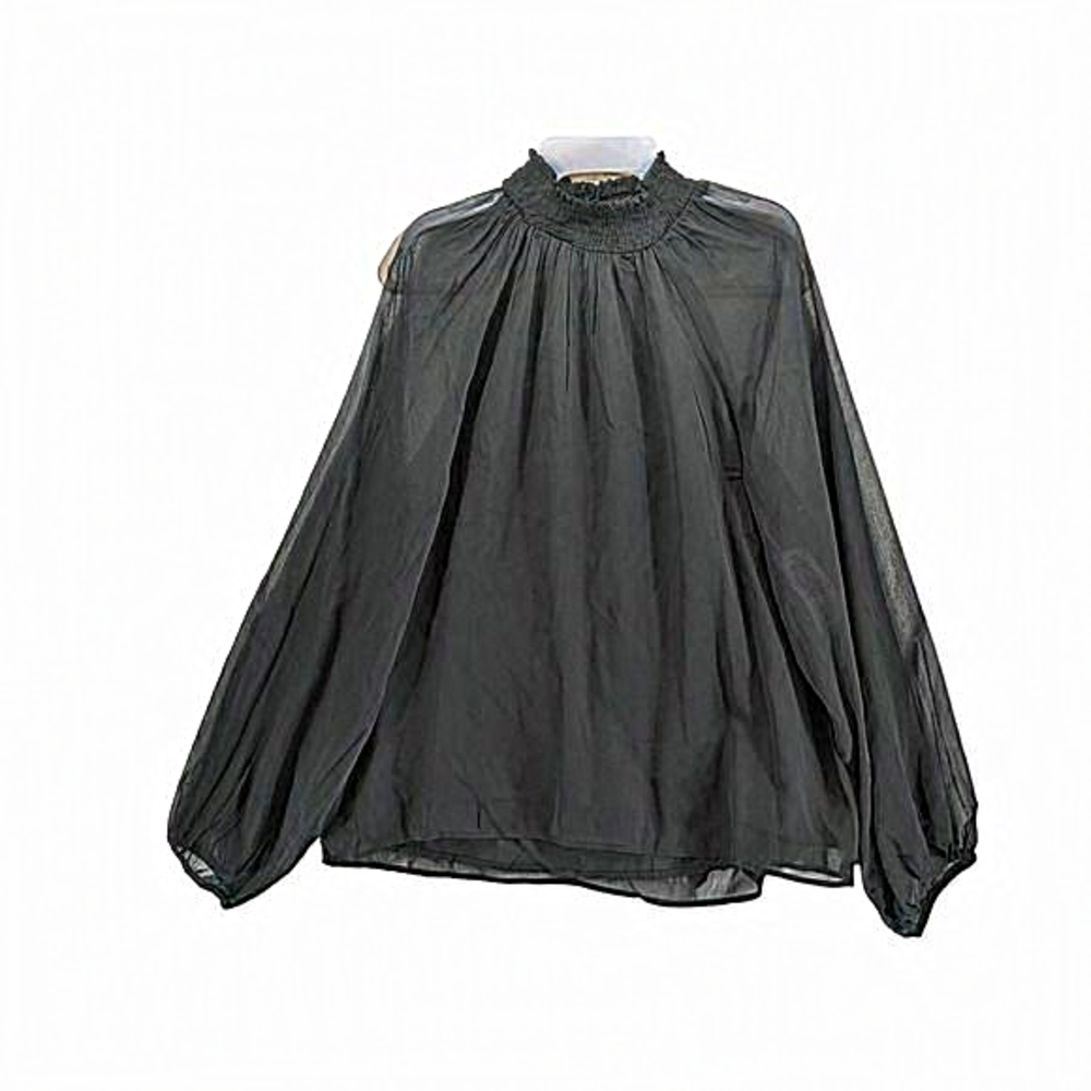 Joie Smocked Blouse XXL Black Sheer Long Sleeve Lined Keyhole High Mock Neck Top